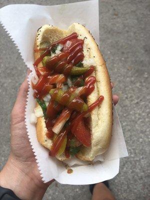 Chicago vegan hot dog with ketchup