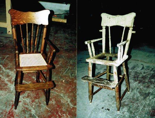 Stripped, refinished and re-caned oak high chair