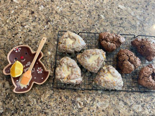 Freshly baked Dark Chocolate Orange Scones. Comes with a light orange glaze on top.