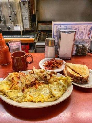 Cheddar omelette, bacon, white toast