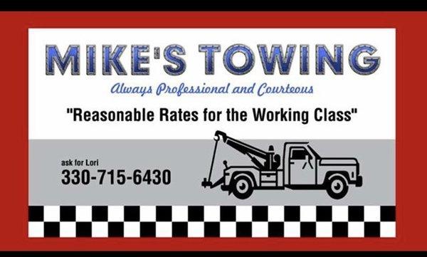 Mike and Lori's Towing 330-715-6430  Flatbed service available starting @ $60 Pricing starts @ $45 for a local wheel Lift tow