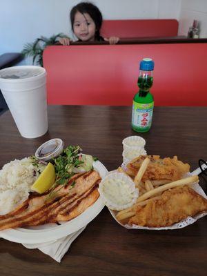 My go to salmon wit rice n fish n chips so delicious  .. don't hesitate  to stop by any day but Mondays hee hee