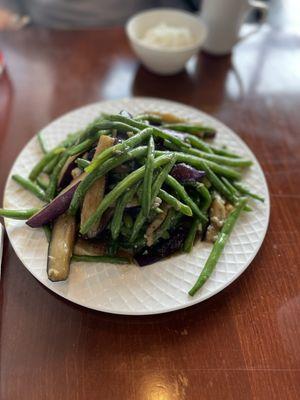 Green beans with garlic sauce. Chef threw in some delicious eggplant.