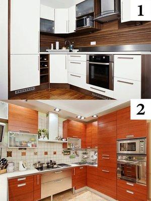 Which kitchen style do you prefer, dark walls and white cabinets or white tile walls and light brown cabinetry?