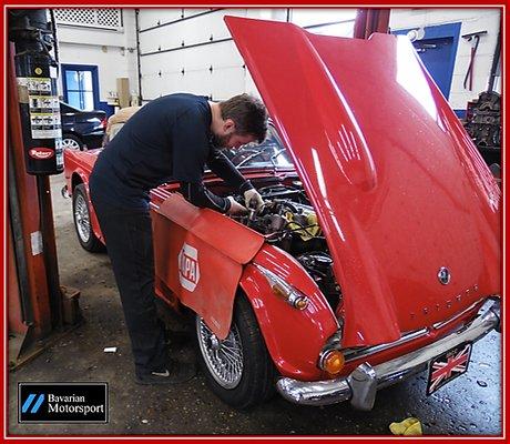 Our A-Technician Kevin servicing a client's 1967 Triumph TR4A