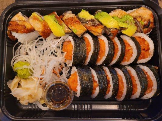 Eel & avocado roll and salmon rolls