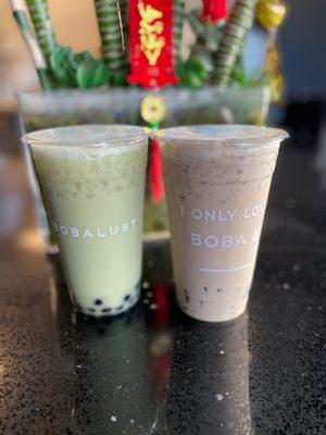 Honeydew milk tea with boba; OG milk tea with grass jelly.