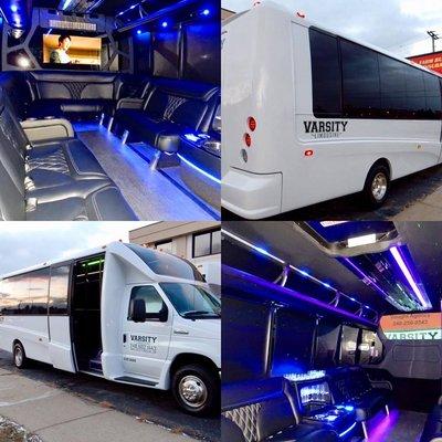 Inside and out of our newest 20 passenger limo bus.