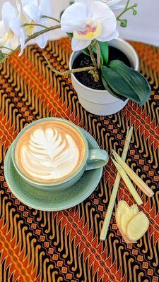 Fall seasonal drink: Wedang Latte (made with house-made palm sugar syrup infused with fire-roasted ginger and lemongrass)