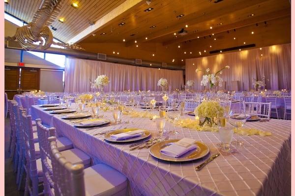 White Pintuck Taffeta Linens with White Chiavari Chairs and White Ballroom Pipe and Drape