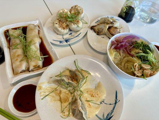 Steamed shrimp rice rolls, pork & cabbage potstickers, wonton soup.