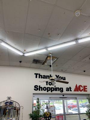 Missing ceiling tile and dirty AC vent above Main cash register!