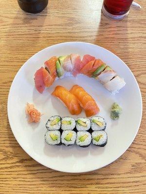 Rainbow roll on top Seared Salmon in the middle Avocado roll on bottom