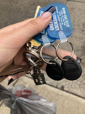 My original key fob (gray) and the 2 copies made at Greenwich Locksmith. They both work great!