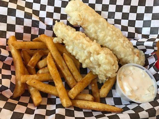 fish and chips with tartar sauce! soo crispy and delicious!