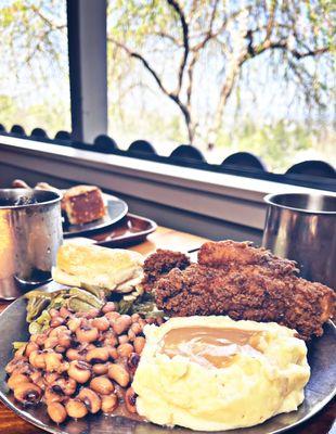 Fried Chicken Mashed Potatoes Green Beans Black-eyed peas