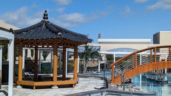 The Pool Area, the Pagoda tower is a hot tub area