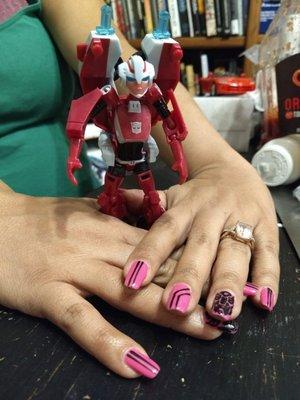 Pink Arcee (transformers) nails for Transformers Convention. Natural nails. Henry.