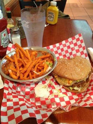 Buffalo burger, wheat bun w/ avocado, pepper jack cheese, lettuce, tomato and Cajun seasoning and a side of sweet potato fries