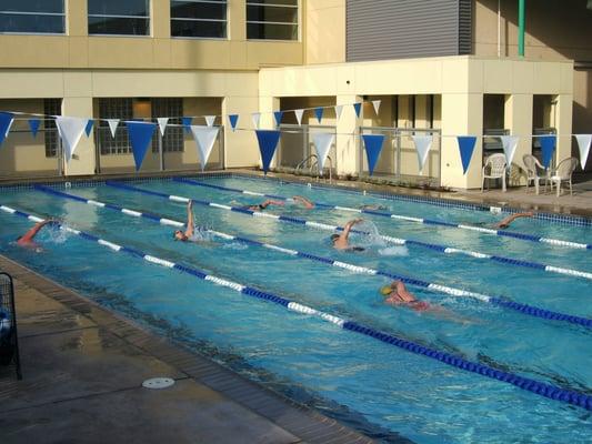 We have two heated swimming pools, a 25 yard lap pool and a smaller, warmer pool where we do water aerobics and teach swimmimg l