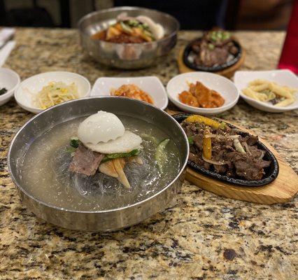 Bulgogi with Mul Naeng Myun Combo (bottom), banchan middle and Galbi with Bibim Naeng Myun Combo (top)