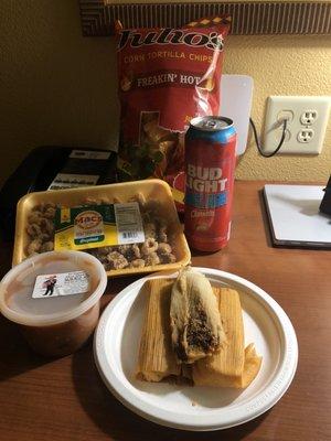 Tamales for dinner with salsa, chips n salsa for later, crackling's for my drive home tomorrow afternoon. Enjoying my beer as dessert.