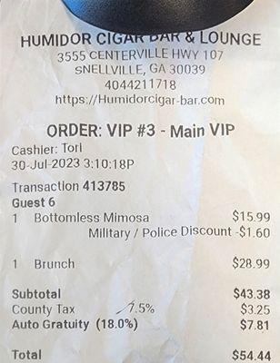 A whole $1.60 discount because they couldn't accommodate "bottomless mimosas" due to dirty carafes