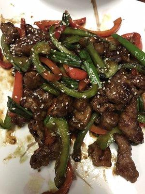 Beef with scallions with only pepper and green onion with sesame seed. Middle spicy