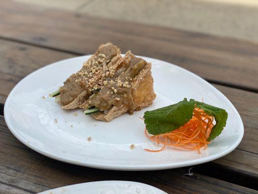 Satay tofu Deep fried tofu stuffed with beansprout, cucumber and peanut sauce