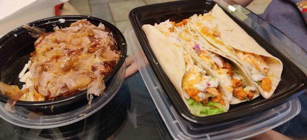 Takoyaki (octopus fritters) on the left, Korean tacos with spicy chicken on the right!