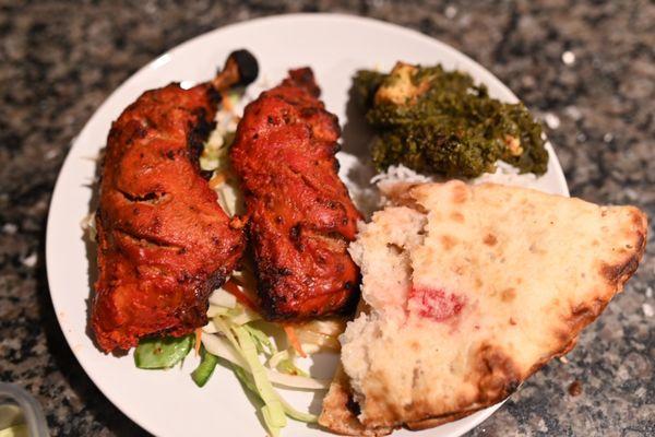 Chicken tandoori, saag paneer, and Peshwari naan.