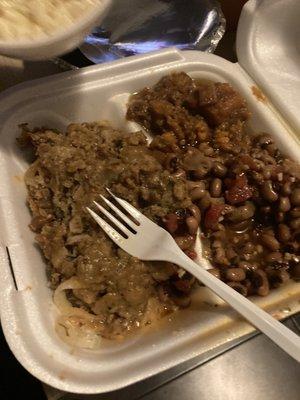 Oyster Smothered Fried Chicken & Gravy Blacked Eyed Peas and Candy Yams