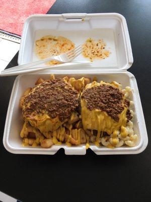 Cheeseburger Plate Mac Home Fry, Mustard and Homemade Hot Sauce