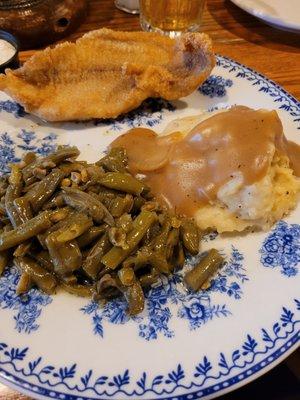 Fried Catfish with green beans and mashed potatoes