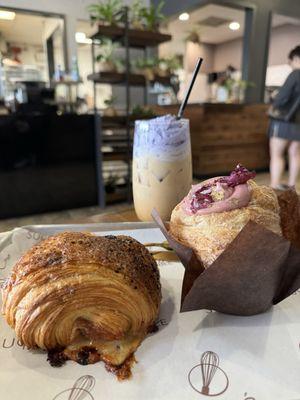 Ham and cheese croissant, raspberry rose croissant, lavender latte