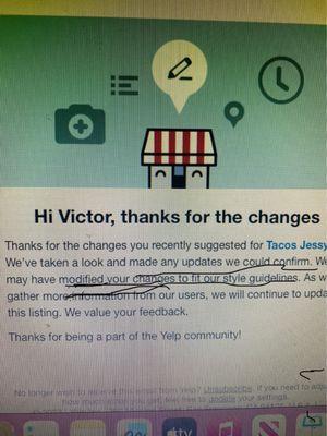 Yelp response to suggested hour update & address correction.