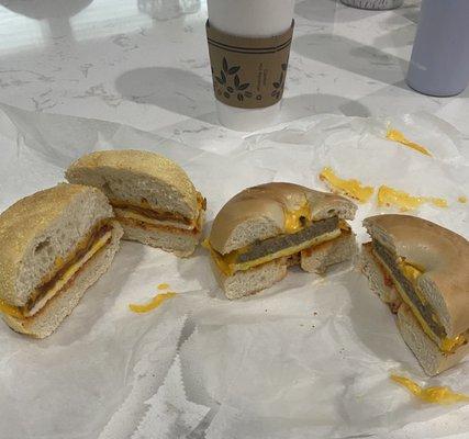 Breakfast Muffin with Bacon (left) and Breakfast Bagel with Sausage (right).