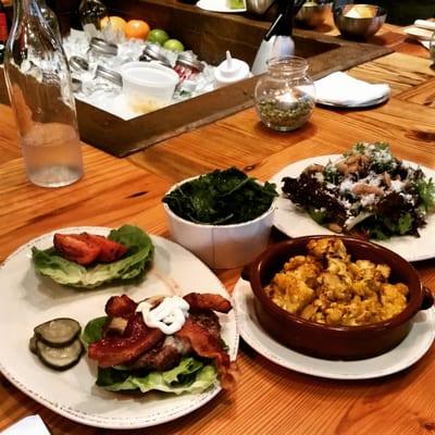 This is the sautéed kale, curry cauliflower,  lettuce wrapped burger, and the primal salad.  All of them were awesome