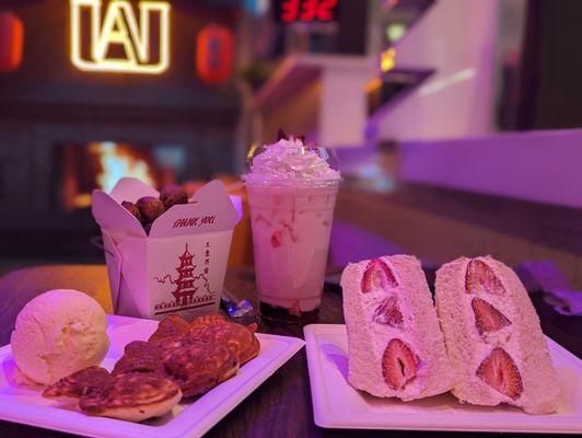 Meatballs, Taiyaki with ice cream, Ochaco's Cherry Blossom Latte and a strawberry cream sandwich