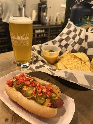 Speciality hotdog and regular beer cheese nachos.