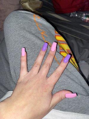 Full set of acrylics, tapered square, medium length, with gel using colors 05(purple) and 16(pink)