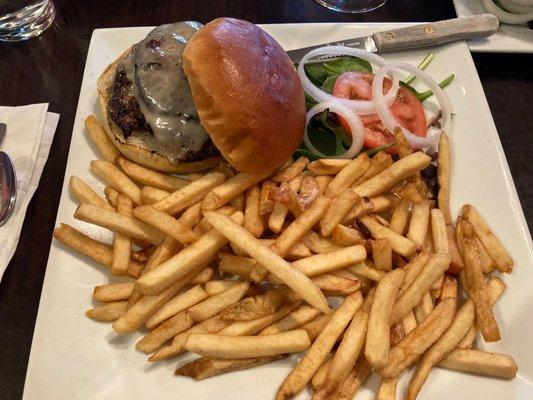 Mushroom Swiss Burger and Fries