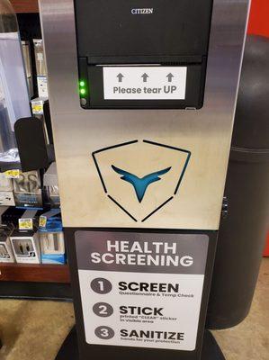 Health screening station for employees, vendors & guests. Employees must use daily.  26 January 2021