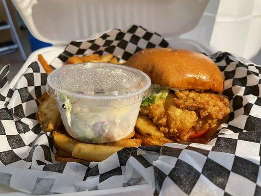 Fried Haddock sandwich, fries and coleslaw. It's a great serving and delicious