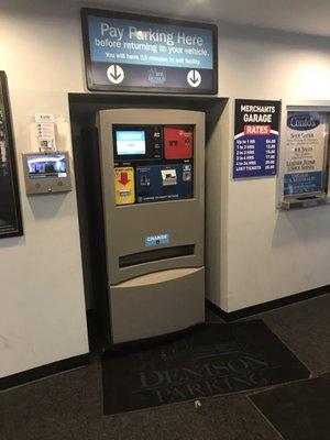 Pay station in lobby. Gets busy and crowded after ball games. Only one station as of December 2018