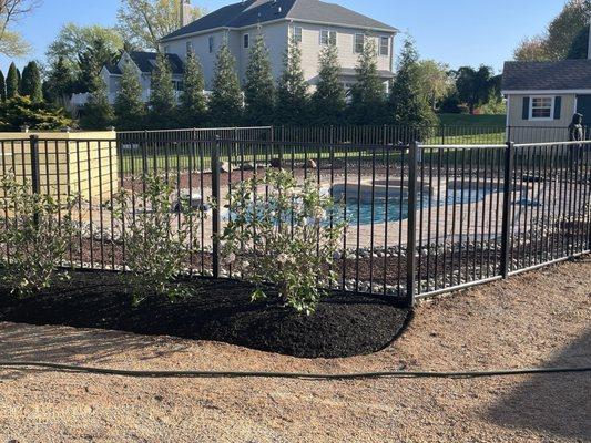 Plantings and stone work around pool.