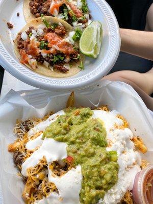 Carnitas Tacos with Asada Fries