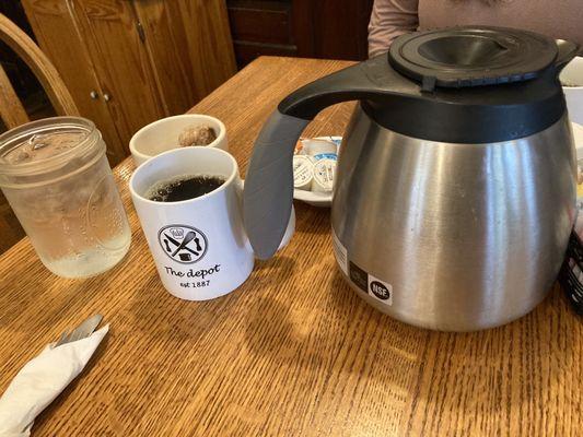 They put the coffee pot on your table for you to refill at your convenience.