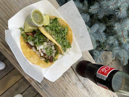 carne asada and chicken tacos with Mexican coke