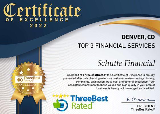 Awarded for excellence with financial services in Denver.